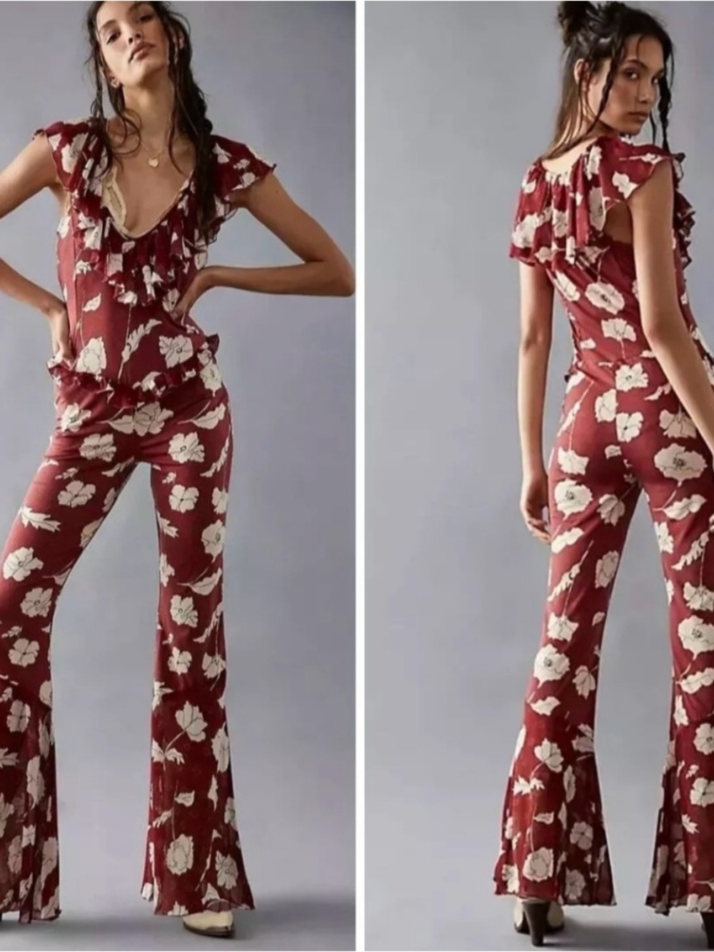 Free People Burgundy Floral Ruffle V-Neck Jumpsuit